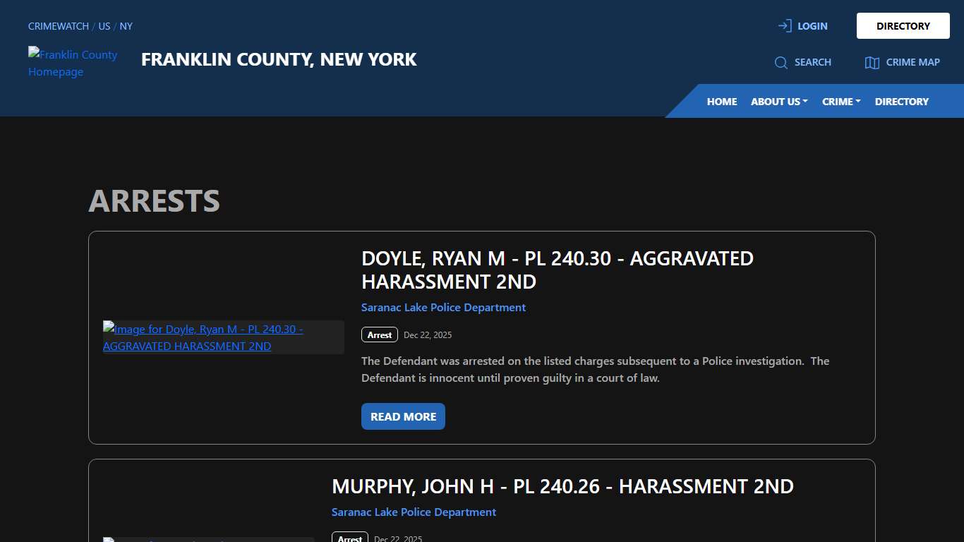 Arrests for Franklin County, New York CRIMEWATCH