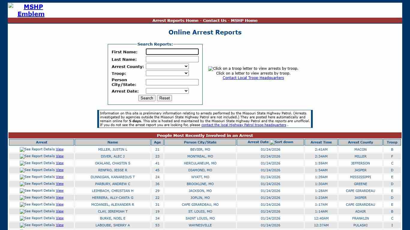 Missouri State Highway Patrol - Arrest Reports