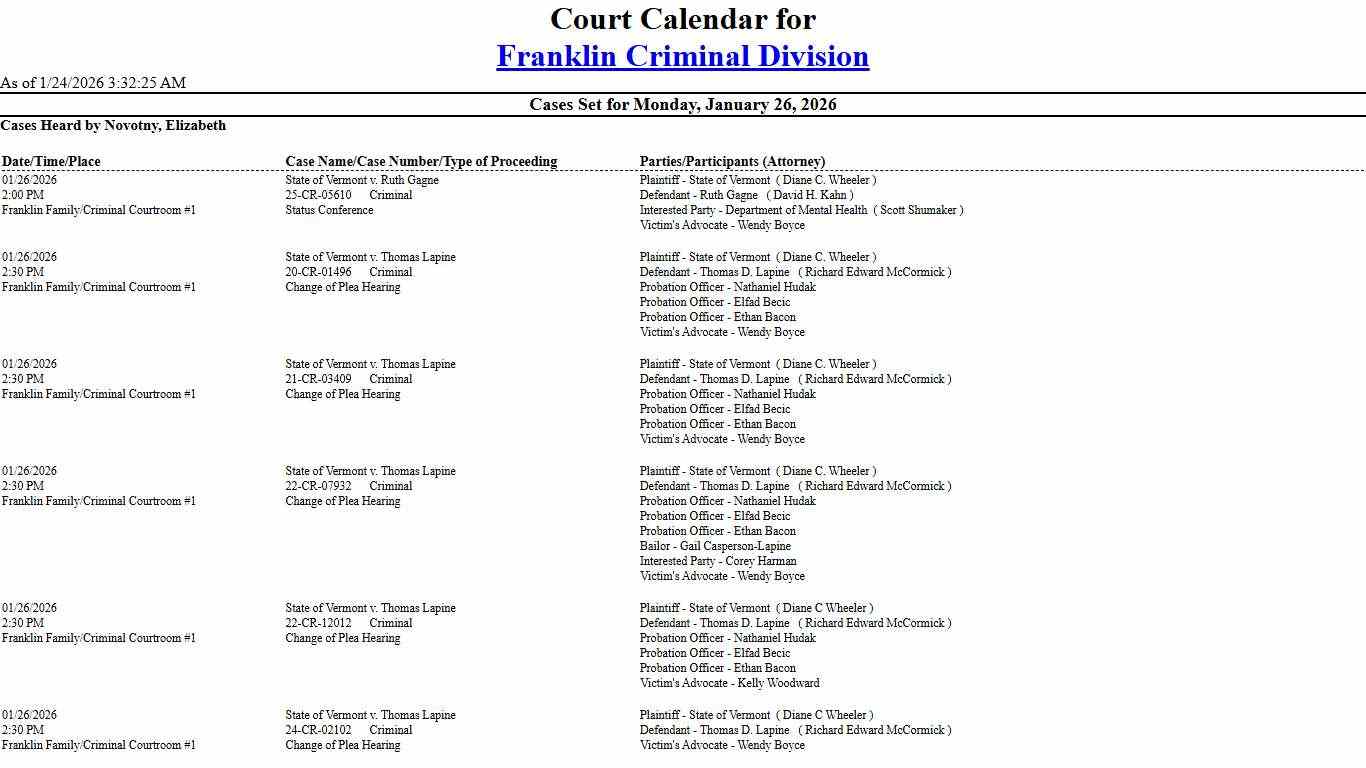 Franklin Criminal Division Calendar