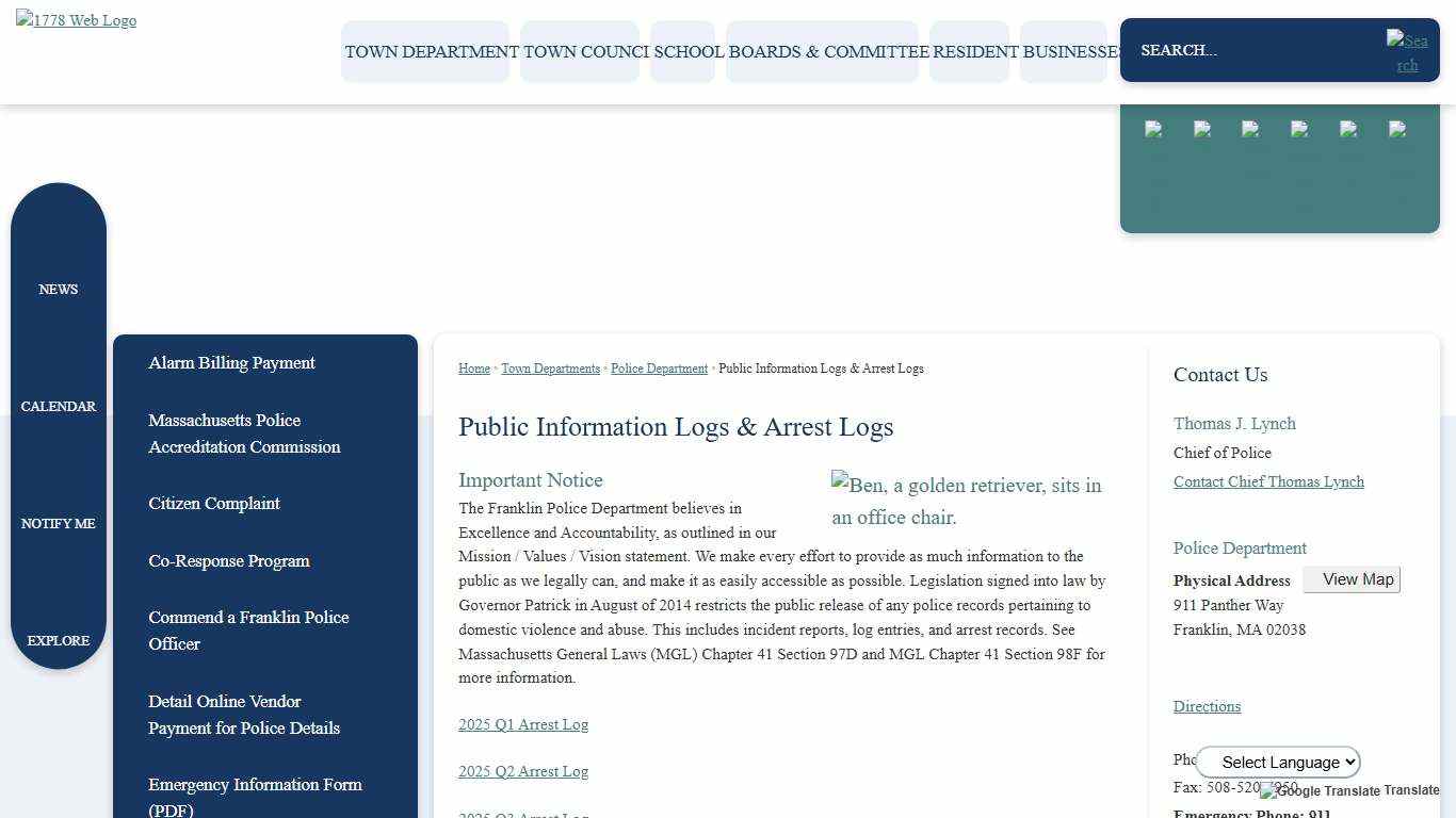 Public Information Logs & Arrest Logs Franklin, MA